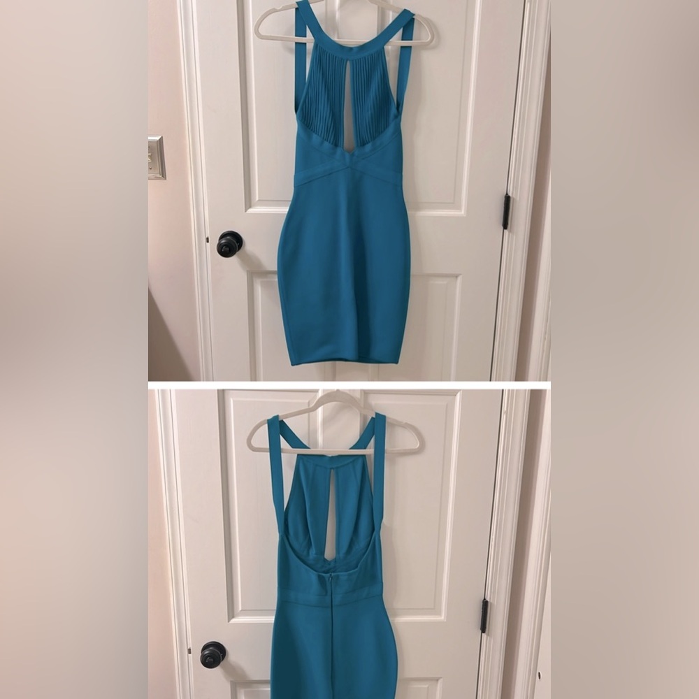 ISO Vintage Herve Leger Turquoise Teal Keyhole Mock Neck Open Back Dress